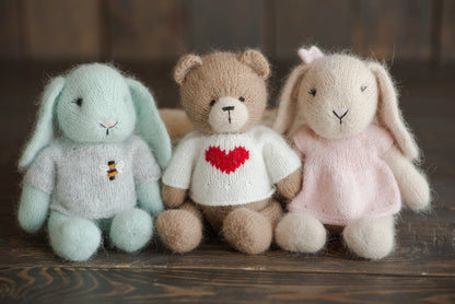 アンゴラウール使用の手編みテディベア、バニー、ラビット