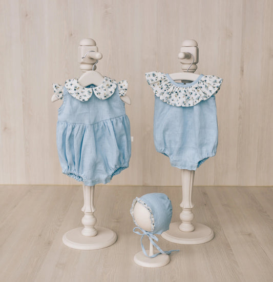 リネン製花柄襟のロンパース