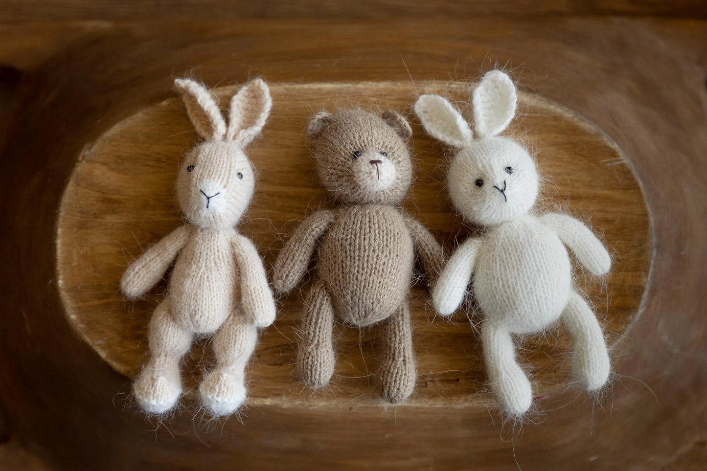 ミンクウール使用の手編みテディベア、バニー、ラビット