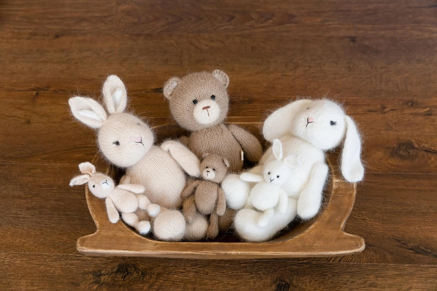 ミンクウール使用の手編みテディベア、バニー、ラビット