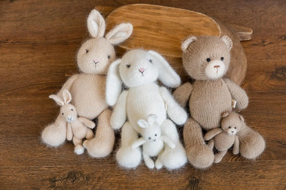 アンゴラウール使用の手編みテディベア、バニー、ラビット