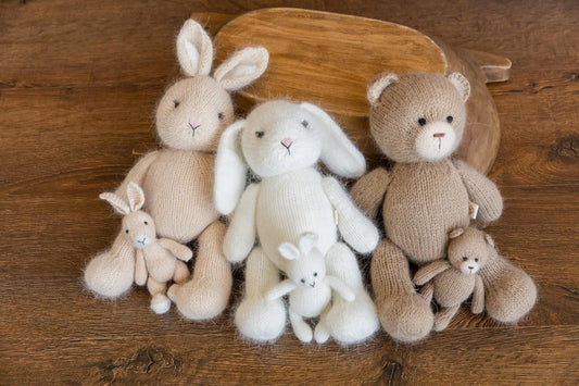 アンゴラウール使用の手編みテディベア、バニー、ラビット