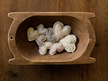 リネン生地使用のボーホー風ハートのぬいぐるみ