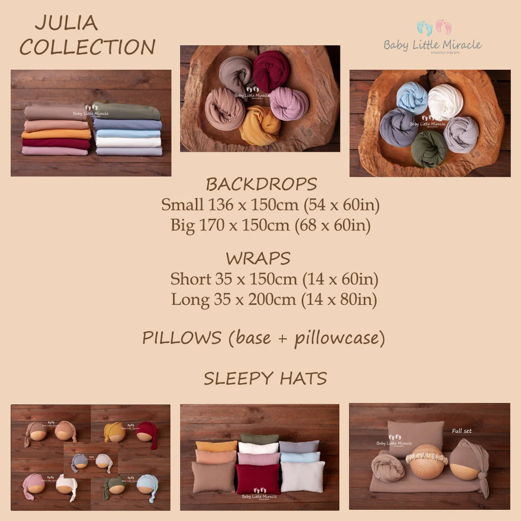 ジュリアバックドロップ、おくるみ、まくら、ハット