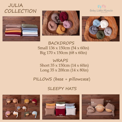 ジュリアバックドロップ、おくるみ、まくら、ハット